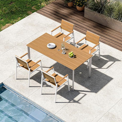 Outdoor Dining Set for 4, Aluminum Patio HDPS Outdooor Table and Chairs Set with Umbrella Hole, All Weather Patio Furniture Set, 5 Peice Patio Dining Table Set (White & Teak)