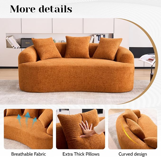 65" Curved Loveseat,Deep Seat Cloud Floor Couch with 3 Backrest,Cozy Chenille Fabric,Small Loveseat for Small Spaces,Bedroom,Office,Apartment (Orange, 65 Inch)