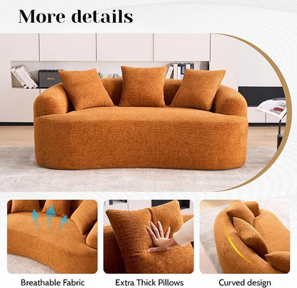 65" Curved Loveseat,Deep Seat Cloud Floor Couch with 3 Backrest,Cozy Chenille Fabric,Small Loveseat for Small Spaces,Bedroom,Office,Apartment (Orange, 65 Inch)