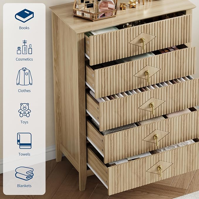GarveeHome Fluted Dresser for Bedroom, 42.9" Tall 5-Drawer Wood Dresser, Modern Chest of Drawers, Storage Organizer Cabinet for Living Room, Hallway, Entryway, Natural Oak