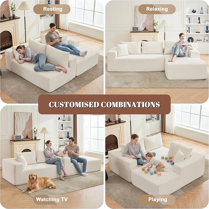 Mangodan 110” Cloud Sectional Couch, Boneless Sofa for Living Room, Modular Sectional Sofa with Deep Seat, Comfy Fluffy Couch with L-Shaped Chaise, No Assembly Required, Beige