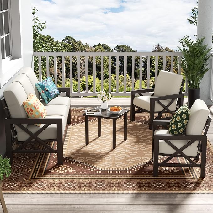 NATURAL EXPRESSIONS 4 Pieces Patio Furniture Set, Outdoor Furniture Sofa Sectional Modern Metal Patio Conversation Set with High Back Backrest & 3 Seater Loveseat and 2 Fixed Chairs