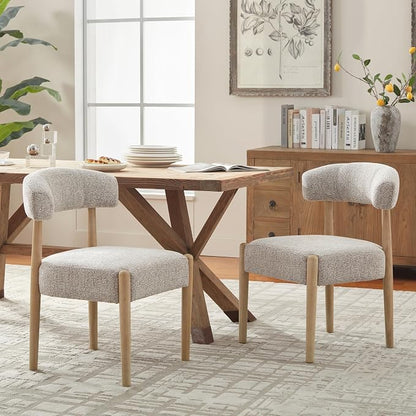 VKNOW Wooden Dining Chairs Set of 2 with Curved Open Back, Brown | Natural Rubberwood Legs, Soft Chenille Fabric, Thickened Cushion, For Adults and Family, Dining Room, Kitchen, No Wobble