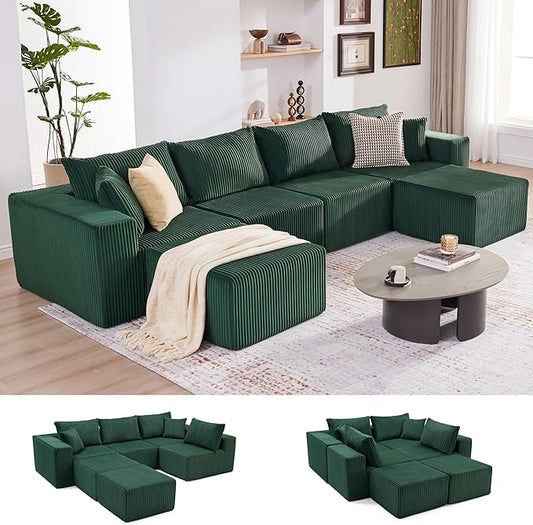 Weture 135.4" Cloud Couch Sectional, Modular Sectional Sofa with Deep Seat, Plush Corduroy U Shaped Boneless Couch, Convertible Sectional Couches for Living Room, 6Seat, Green