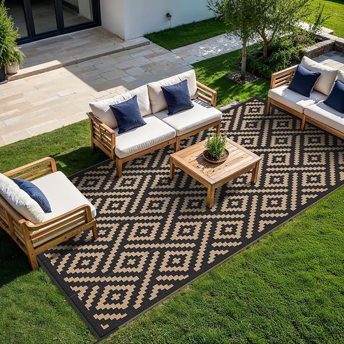 GENIMO Outdoor Rug for Patio Clearance, 9'x18' Waterproof Camping Mat, Reversible Plastic Straw Rugs for RV, Camper, Balcony, Backyard, Picnic, Deck (Black & Brown)