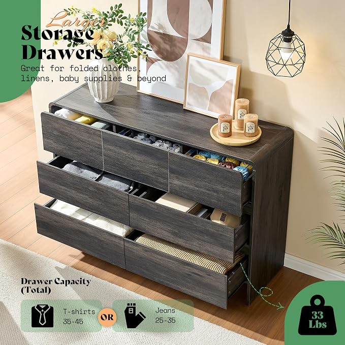AMERLIFE 7 Drawer Dresser for Bedroom, 49" Wide Modern Chest of Storage Drawers with Rounded Corners, Anti-Tip Kit, Wood Cabinet Organizer for Closet, Living Room, Nursery, Easy Assembly, Black