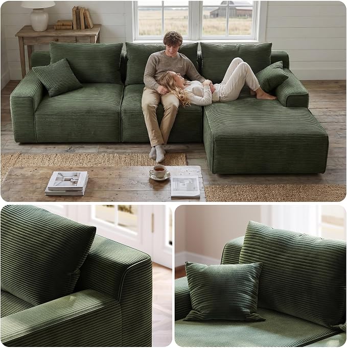 Homkdom 98" Boneless Couches for Living Room, L-Shape Modular Sectional Sofa with Deep Seat Oversized Right Facing Chaise, Cloud Couch for Apartment, Small Space (Green)