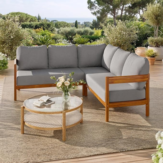 VilroCaz Outdoor Patio Furniture Set, L-Shaped Acacia Wood Sectional Sofa with 6 Soft Seat Cushions and Backpack, All-Weather Conversation Set with Arc Frame for Garden Backyard Porch (Grey-3.19)