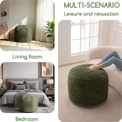 HIGOGOGO Round Stuffed Pouf Ottoman, Corduroy Poufs with High-Density Foam Filling, Furry and Fluffy Pouf Foot Stool Storage Ottoman, 20 X 15 Floor Poufs Foot Rest for Living Room, Green
