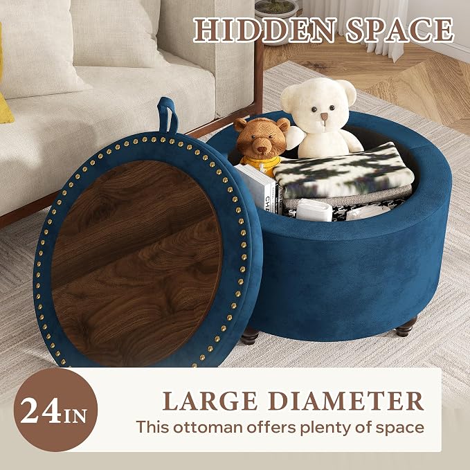 24 Inch Round Storage Ottoman,Modern Tufted Ottomans,Circular Coffee Table with Removable Top,Upholstered Large Ottoman with Storage Footrest Stool for Bedroom Living Room (Blue)