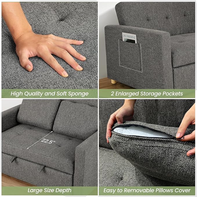 SEJOV Sleeper Sofa Bed, 3-in-1 Convertible Sofa Chair, Linen Fabric Pull Out Couch Bed, Loveseat Sleeper with Spring Support, Adjustable Backrest, 2 Seater Recliner Chair for Small Space, Dark Grey