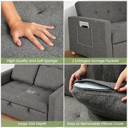 SEJOV Sleeper Sofa Bed, 3-in-1 Convertible Sofa Chair, Linen Fabric Pull Out Couch Bed, Loveseat Sleeper with Spring Support, Adjustable Backrest, 2 Seater Recliner Chair for Small Space, Dark Grey