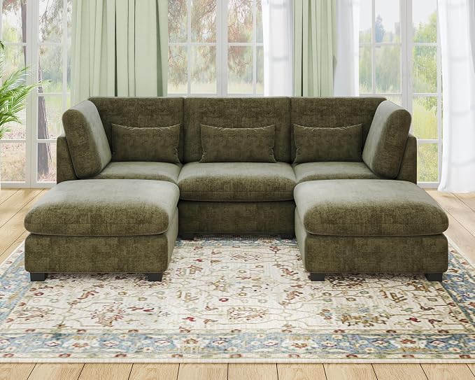115" Oversized Chenille Couch Modular Sectional Sofa, Washable Cloud Couch Sectional with 2 Ottoman, 5 Seater Sectional Couches for Living Room, Fully Cover Removable, U Shaped, Chenille, Green