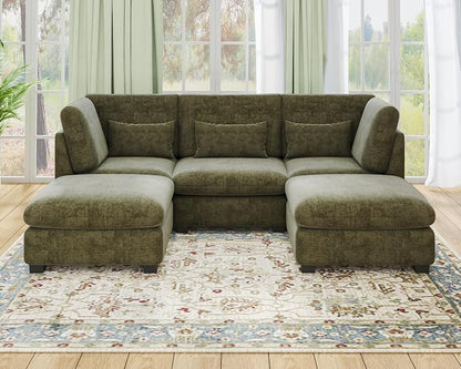 115" Oversized Chenille Couch Modular Sectional Sofa, Washable Cloud Couch Sectional with 2 Ottoman, 5 Seater Sectional Couches for Living Room, Fully Cover Removable, U Shaped, Chenille, Green