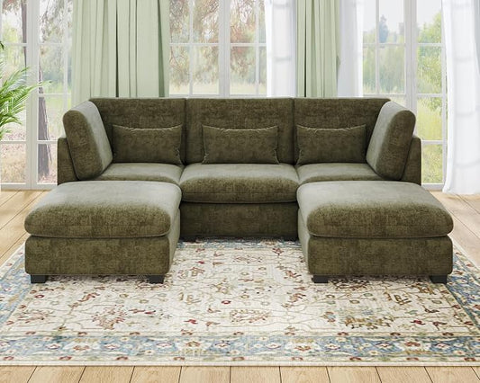 115" Oversized Chenille Couch Modular Sectional Sofa, Washable Cloud Couch Sectional with 2 Ottoman, 5 Seater Sectional Couches for Living Room, Fully Cover Removable, U Shaped, Chenille, Green