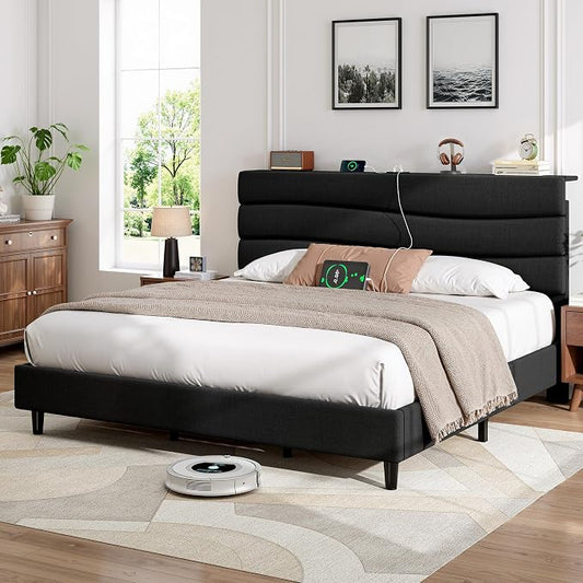 EnHomee King Size Platform Bed Frame with Headboard, Adjustable Height Wooden Slats,Charging Stations,Noise-Free, No Box Spring Needed,Easy Assembly,Black