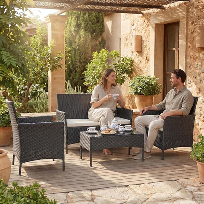 4 Piece Patio Furniture Set, Outdoor Deck Rattan Chair Wicker Combo Furniture, All Weather Dialogue Rattan Sofa with Upholstery and Glass Table for Garden, Backyard, Porch, Lawn, Pool, Black+White