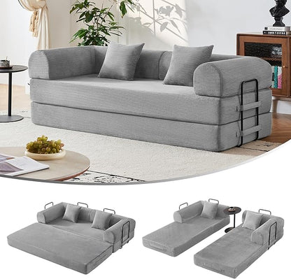 79" 5-in-1 Convertible Sofa Bed No Assembly, Boneless Couch Bed with High Density Foam, Foldable Sleeper Sofa, Corduroy Modular Couch for Apartment, Studio, Dorm Room, Small Space, Light Grey