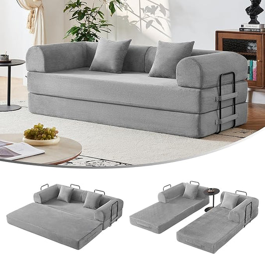 79" 5-in-1 Convertible Sofa Bed No Assembly, Boneless Couch Bed with High Density Foam, Foldable Sleeper Sofa, Corduroy Modular Couch for Apartment, Studio, Dorm Room, Small Space, Light Grey