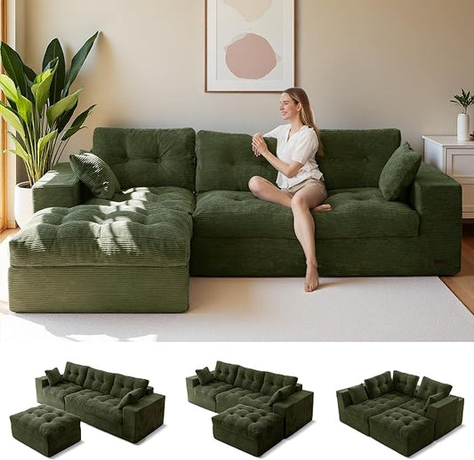 MAXYOYO 96" L Shaped Modular Sectional Sofa with Ottoman, Cloud Boneless Couch with Layered Cushion, Upholstered Sofa in a Box, Flexible Module Combination for Living Room, No Assembly, Dark Green