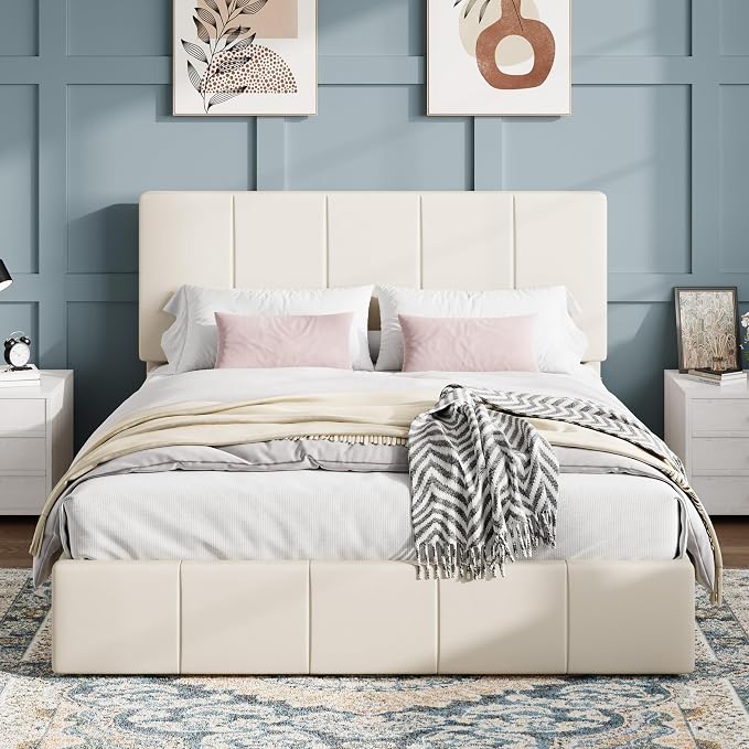 SHA CERLIN Queen Bed Frame, Dutch Velvet Upholstered Platform Bed, Vertical Channel Tufted Adjustable Headboard, Low Profile Bed Frame, No Box Spring Needed, Easy Assembly, Cream