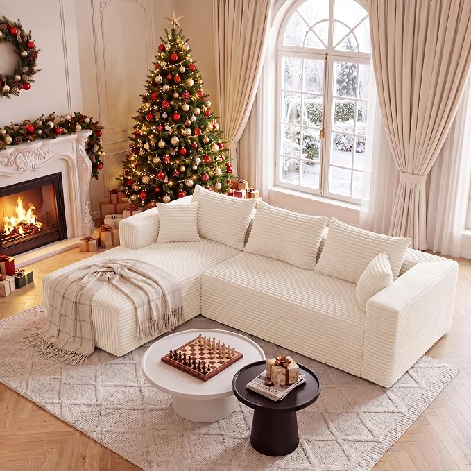 92.5" L-Shaped Sectional Boneless Couches with Chaise, Comfy Modular Corduroy Fluffy Couch with Deep Seat, 3 Seater Cloud Sofa for Apartment Flexible Module Combination for Living Room, No Assembly