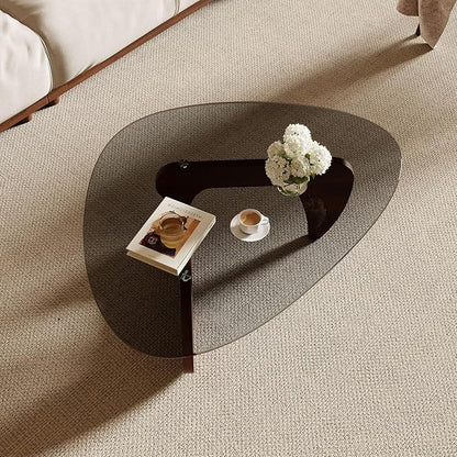 Modern Coffee Table for Living Room and Small Spaces, 43.3" x 29.5" x 15.8" Triangle Tempered Glass Table Top and Eco-Friendly Solid Wood Base, Walnut