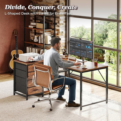 PRAISUN 43.3" Small Computer Desk with Power Outlets & USB-C Port, Reversible L Shaped Corner Office Desk with 4 Fabric Drawers and 2 Adjustable Storage Shelves, for Gaming Writing, Rustic Brown