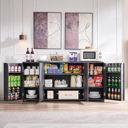 IFGET Curved Buffet Cabinet with Doors, 66" Large Sideboard Buffet Storage Cabinet with 4 Doors and Shleves, Modern Coffee Bar Station Wood Kitchen Table for Kitchen, Dining Room, Dark Grey