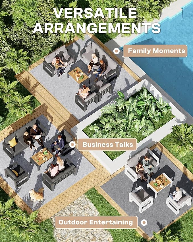 Oversized Aluminum Outdoor Furniture Set, Extra Large Patio Furniture Sofa Set 4.8” Widened Armrest & Ultra-Thick Cushions, 5 Pcs Modern Patio Sectional for Backyard, Porch, Graphite