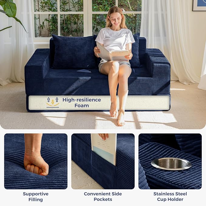 MAXYOYO Loveseat Sofa Bed, 64" Foldable Floor Sofa Couch in A Box with 2 Cup Holders, 4 in 1 Convertible Boneless Couch Folding Recliner Chair for Living Room, No Assembly Required, Navy