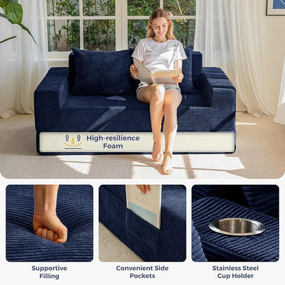 MAXYOYO Loveseat Sofa Bed, 64" Foldable Floor Sofa Couch in A Box with 2 Cup Holders, 4 in 1 Convertible Boneless Couch Folding Recliner Chair for Living Room, No Assembly Required, Navy