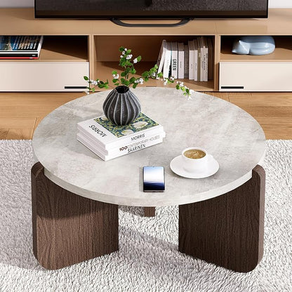 SUNBURY Modern Round Coffee Table with Sturdy Base, Wood Center Tables for Living Room Reception Room, Faux Marble Tabletop, Easy Assembly (Only One Coffee Table Included)