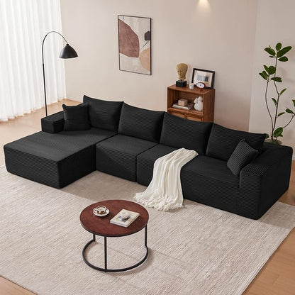 Mangodan 140” Cloud Sectional Couch, Modular Sectional Sofa with Deep Seat, Boneless Sofa for Living Room, Fluffy Comfy L-Shaped Couch with Left Facing Chaise, No Assembly Required, Black