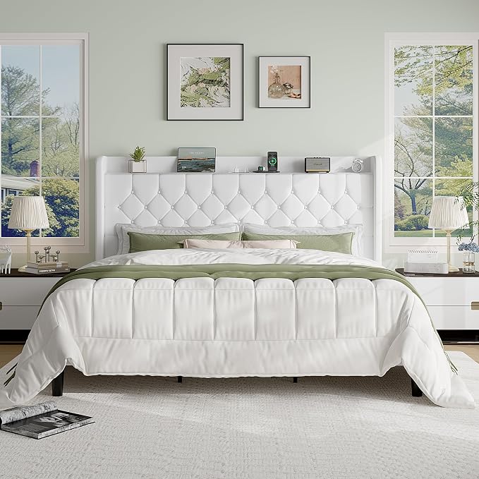 SHA CERLIN King Size Platform Bed Frame with Charging Station, Velvet Wingback Headboard with Storage Shelf, Wooden Slats Support, Ample Under-Bed Space, No Box Spring Needed, Easy Assembly, White