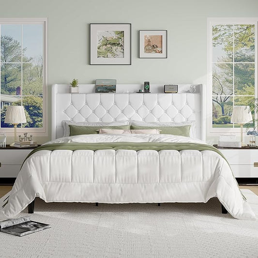 SHA CERLIN King Size Platform Bed Frame with Charging Station, Velvet Wingback Headboard with Storage Shelf, Wooden Slats Support, Ample Under-Bed Space, No Box Spring Needed, Easy Assembly, White