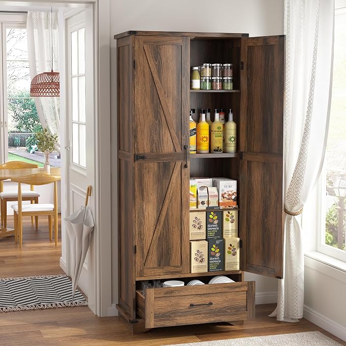71" Farmhouse Kitchen Pantry Storage Cabinet with Drawer & 2 Barn Doors, Freestanding Cupboard with Adjustable Shelves, Modern Floor Cabinet for Kitchen, Dining Room, Living Room, Bathroom, Brown