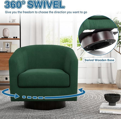 Swivel Accent Chair, Upholstered Corduroy Barrel Chair for Living Room, Small Single Sofa Bedroom Reading Seat, Dark Green