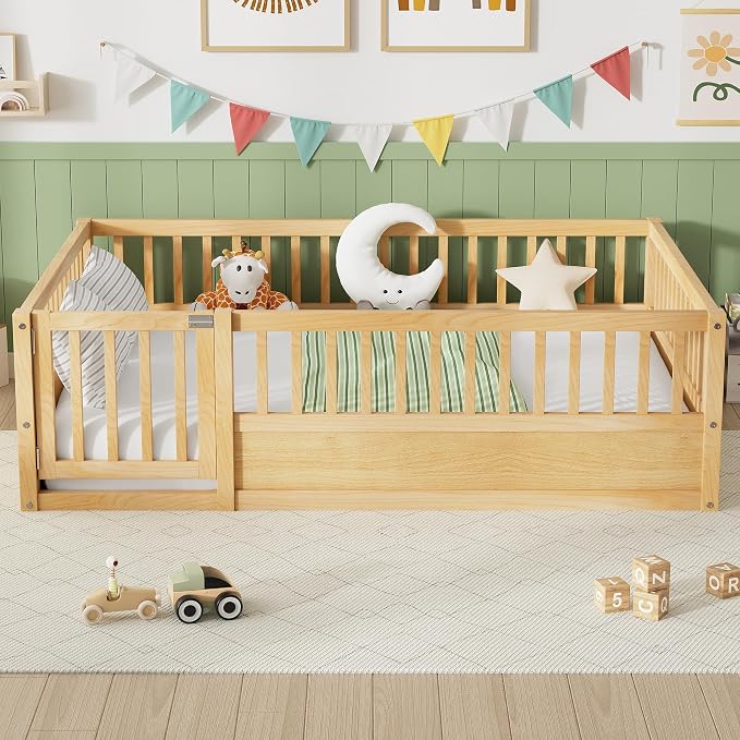 PVWIIK Full Size Floor Bed Frame with Convertible Door & Guardrails for Girls & Boys Bedroom,Montessori Bed/Near Ground Safety Design, No Box Spring Needed,Natural