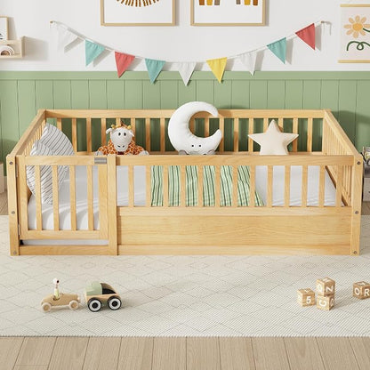 PVWIIK Full Size Floor Bed Frame with Convertible Door & Guardrails for Girls & Boys Bedroom,Montessori Bed/Near Ground Safety Design, No Box Spring Needed,Natural