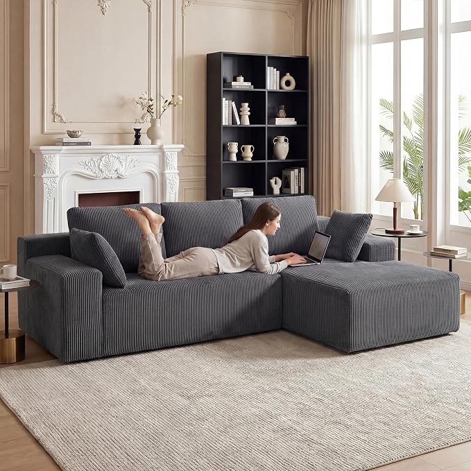 GRUSIGN Cloud Sectional Boneless Couches for Living Room, Modular L Shaped Couch with Deep Seat Oversized Right Facing Chaise, Memory Foam Compressed Spineless 3 Seater Sofa, Grey