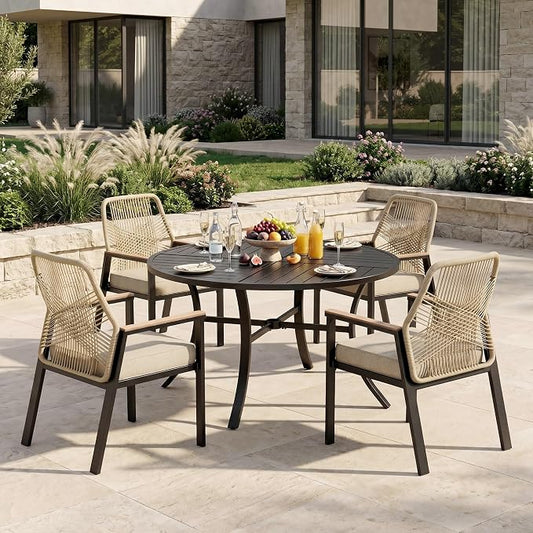 MIXPATIO 5 Pieces Round Outdoor Dining Set for 4, Patio Dining Set Wicker Rattan Chairs with Soft Cushion and 42" Round Table with Umbrella Hole, Round Patio Table and Chairs for Backyard Porch
