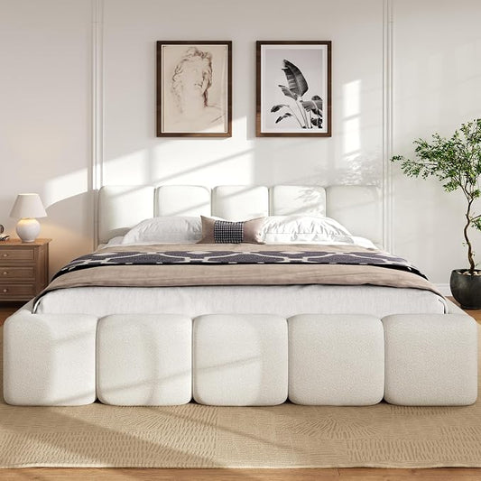 Merax King Size Boucle Platform Bed with Thick Headboard and Footboard, Block Style Upholstery Floor Bed Frame, White