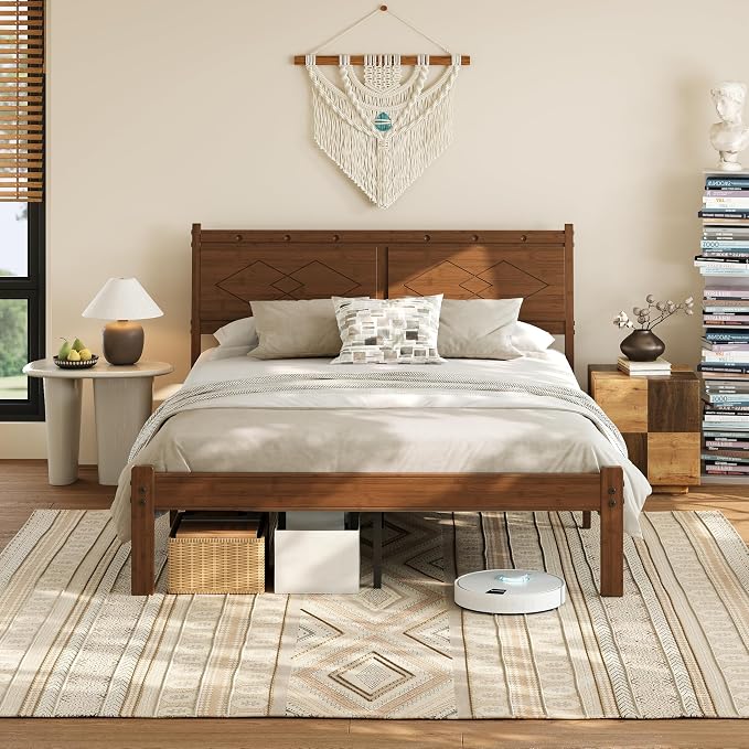 RLDVAY Walnut Full Size Bed Frame, Bed Frame Full 14" Height, Heavy Duty Bamboo Wood Full Bed Frame with Headboard, Under Bed Storage, No Box Spring Needed, Easy Assembled Bedroom Platform Bed