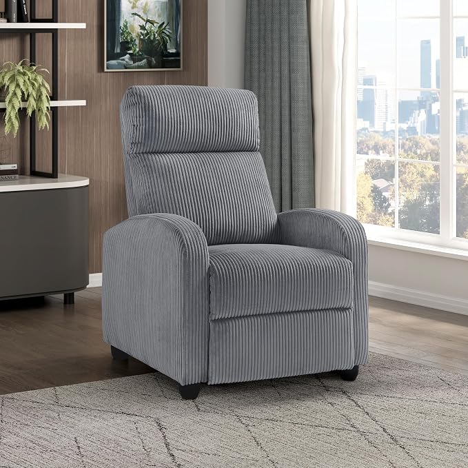 Lexicon Corduroy Pushback Recliner Chair Armchair Push Back Recliner, Solid Wood Frame and Metal Base, Easy Assembly Small Soft Single Sofa Accent Chair for Living Room/Office/Apartment, Dark Grey