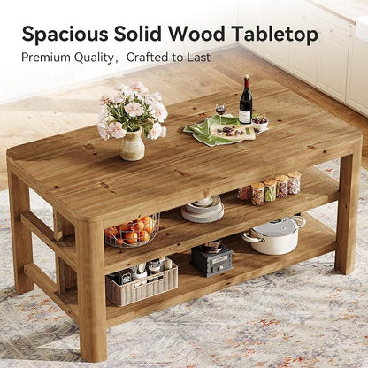 63-Inch Solid Wood Kitchen Island with Storage Shelves, Farmhouse Island Table with Seating, Counter Height Bar Table for Dining Room, Kitchen, Easy to Assemble, Natural Wood
