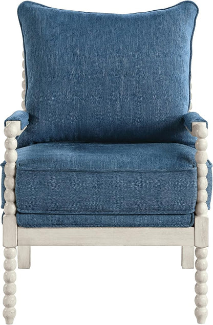 OSP Home Furnishings Kaylee Spindle Accent Chair with Antique White Wood Frame, Navy Blue Fabric