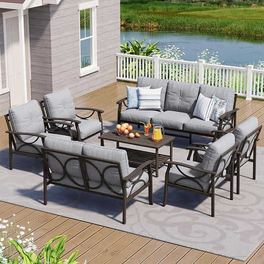 FansaFurn 7-Pieces Outdoor Patio Furniture Set, Outdoor Metal Sectional Furniture with Cushions, Outdoor Conversation Seating Set with Coffee Table for Garden, Balcony, Deck, Backyard, Grey