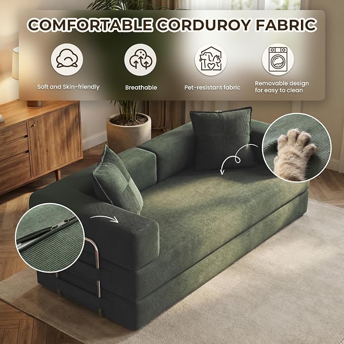GRUSIGN 78 Inch Convertible Sofa Bed, 5-in-1 Futon Sofa Bed Pull Out Couch, Boneless Couch Bed for Living Room, Corduroy Boneless Couches for Bedroom, Apartment, No Assembly Sleeper Sofa Bed, Green