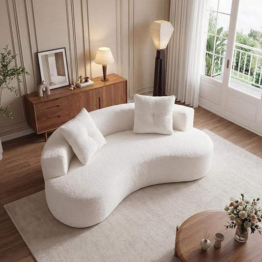 KEIKI 80" Boucle Curved Modular Boneless Sofa with 2 Pillows, Upholstered Modern Style 3-Seater Couch with High Resilience Cushion, No Assembly Required, for Apartment, Living Room, Office, White